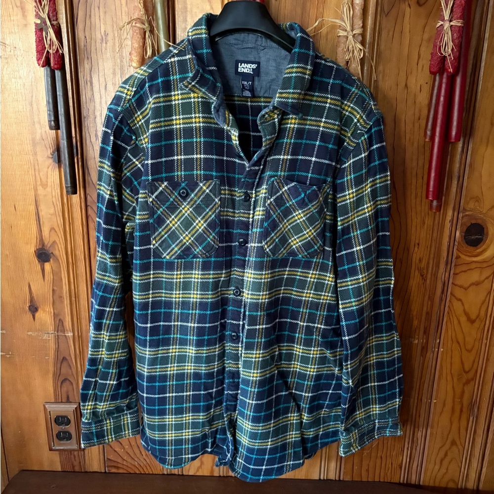 Lands' End Blue and Green Plaid Shirt, Mens XXL
